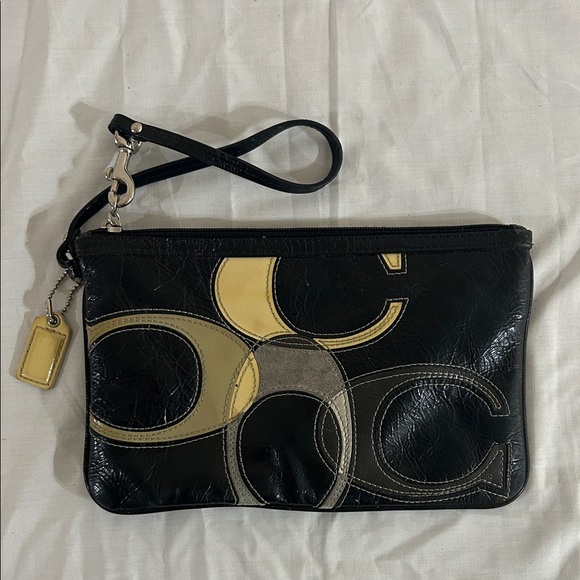 Coach Signature Inlaid Patent Black Grey Yellow Gorgeous genuine - Picture 1 of 3